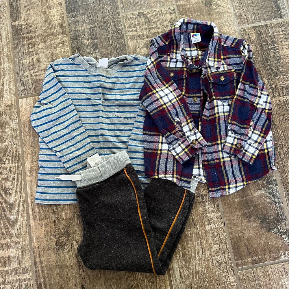 4T Bundle - Stripe Shirt, Flannel Shirt, Sweatpants Boys 4